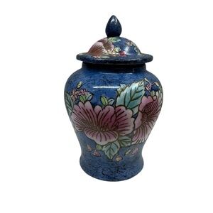 Vintage Chinese Ginger Jar Vase Porcelain Floral Hand Painted Floral 6.5” Blue